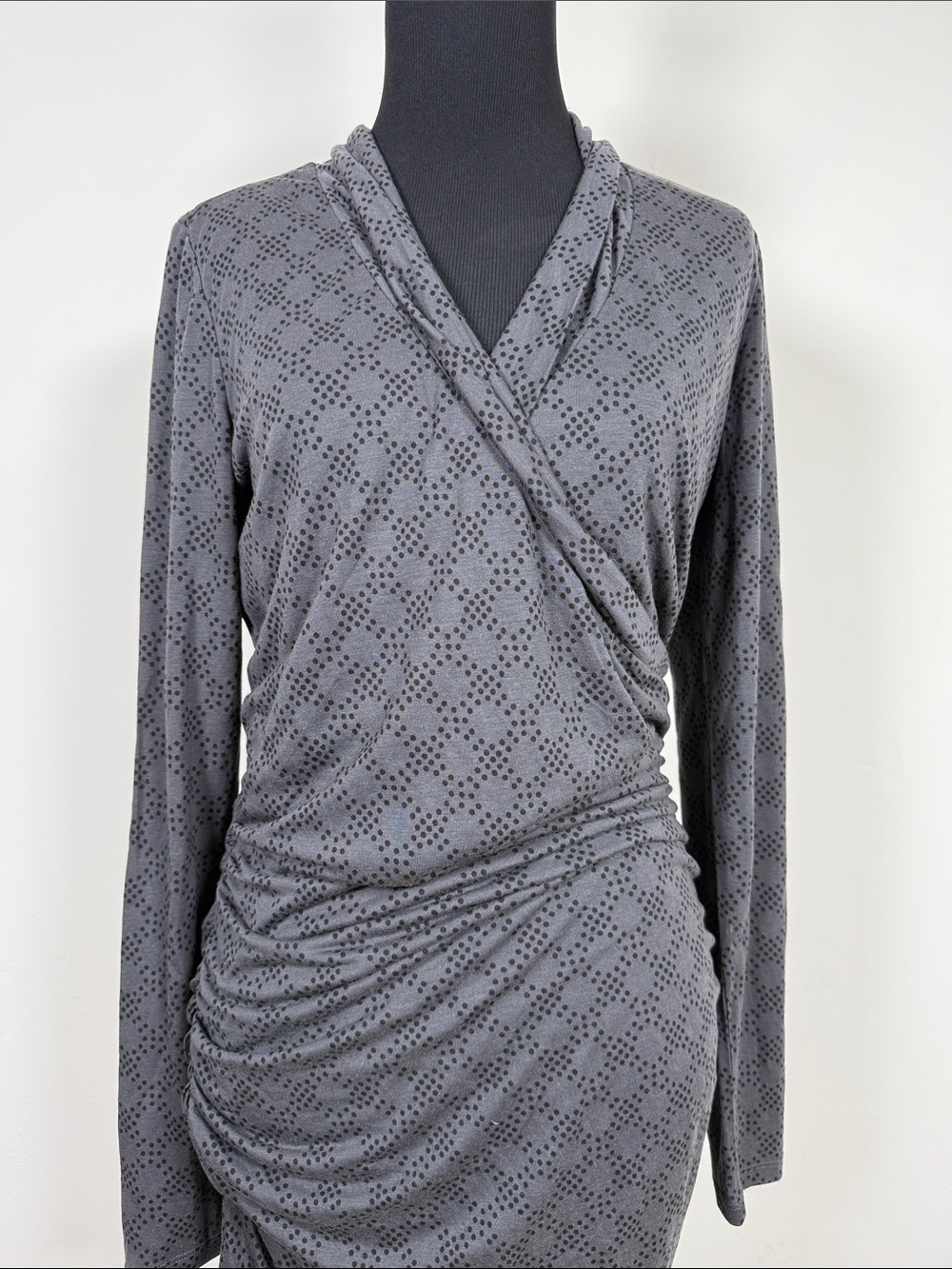 BODEN Gray Black Polkadot Long-Sleeve Faux Wrap Dress 8R - Picture 4 of 6